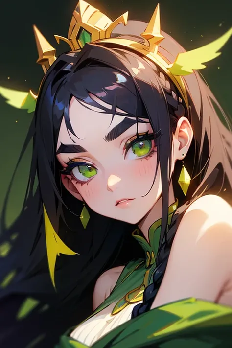 (Best Quality, masterpiece:1.2), High resolution, Very detailed, Realistic:1.37, Fantasy, Illustration, Green Eyes、Queen Platinum Decoration、beautifully、Eyeshadow Red、Thick eyebrows、Long eyelashes、The pupil is black、((Her hair is bright green)).Embarrassin...