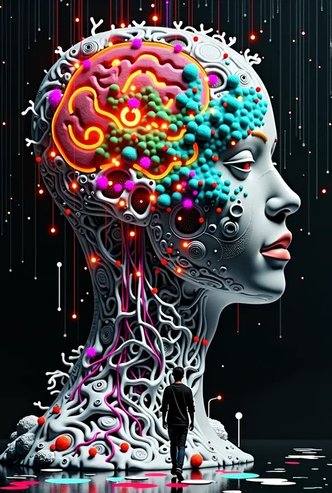 The creative is inside her beautiful multicolored brain walking around and painting the insides of a delicate circuitry that is black and white except in the spots shes touched futuristic metallic scene