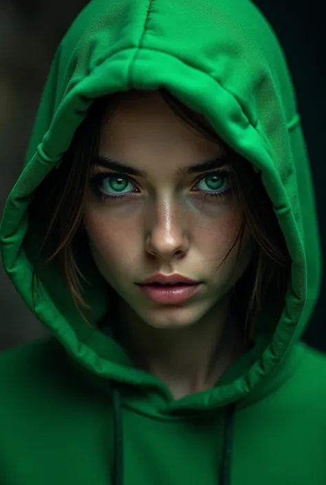 Wearing a green hoodie and green eyes