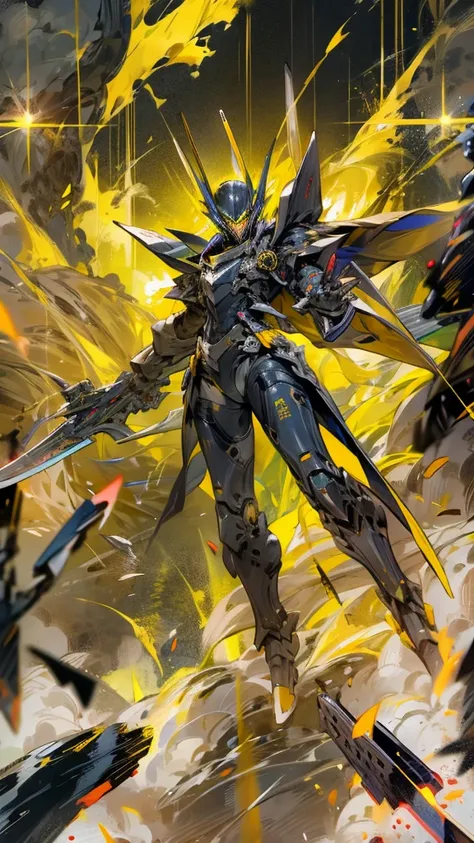 masterpiece, High detail, anime, Jet black coloring,Yellow Line, A humanoid robot transformed from a warship,Black Knight,Armour modelled on Nelson warships,Thunder effect,Giant mechanical two-handed sword,Three guns on both shoulders,Character portrait, J...