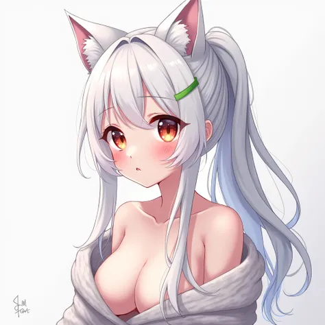 ponytail, very long hair, parted bangs, white hair，Big breasts, Cat ears, Vertical pupils/Cat&#39;s Eye, blushing, Fangs,  , sweater，Show one shoulder，Aheyan, Shy, Left and right eyes are different colors, Looking up at the camera, anime style, 