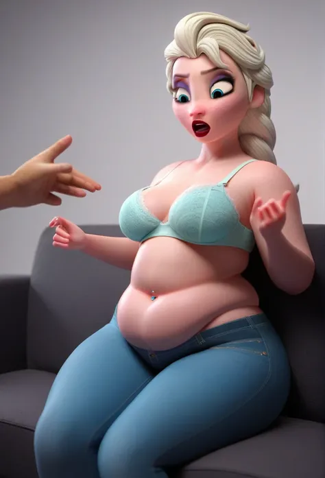 (( 3D, a slim and short Man,a Man pinching elsas cheeks,A Man pinching and  touching Elsas Belly )) ,Tall ,slim faced Surprised Elsa,literally gained a plump belly, Chocalate_sauce_corner_on_her_lips,Trying to wear jeans but they dont fit because she gaine...