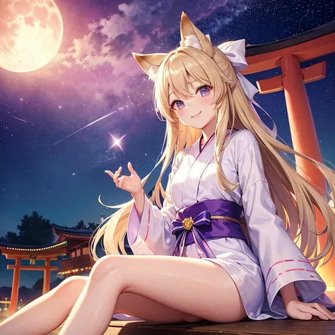 (Best Quality),(masterpiece),(Perfect Anatomy)、(Perfect hands)、(Perfect legs)、(Super detailed),One high school girl、Iris、(Long straight blonde hair)、Fox ears、Small white ribbon、smile、Pink and purple Nimi yukata、Beautiful thighs、Night sky with moon and shoo...