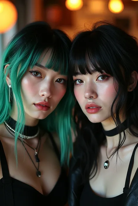 2 woman, with black hair and bangs, with electric green highlights. The round face with almond-shaped eyes, café, face piercings; seventh, medusa, doble nostril, and expansions in the earlobes 