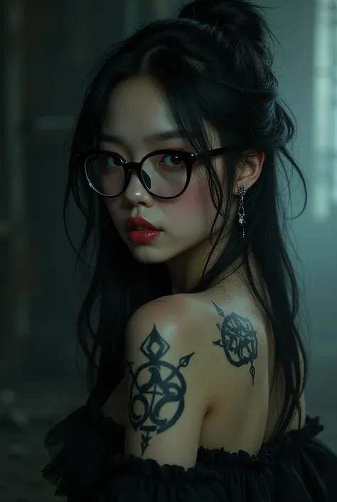 Oriental girl glasses, piercing, black dress, antichrist tatto