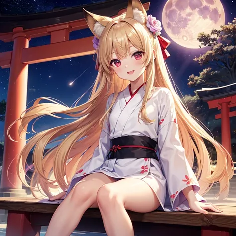 (Best Quality),(masterpiece),(Perfect Anatomy)、(Perfect hands)、(Perfect legs)、(Super detailed),One fox girl、Red eyes、(Long straight blonde hair)、Small black ribbon、smile、Open your mouth、White and purple floral Nimi yukata、Beautiful thighs、Blue moon and sho...