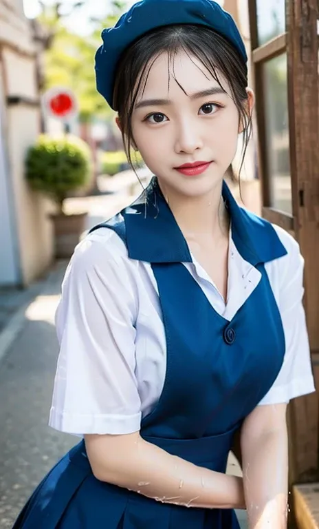 (a gorgeous chinese lady, night, emptied street, wearing a white short-sleeve button shirt, blue sailor cap
,jk school uniform, ...