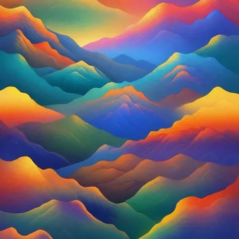 Masterpiece, best composition, best quality, painting of mountains with sunset background, made entirely of gradients, surreal colors, beautiful mobile phone e wallpaper, colorful landscape, beautiful gradient, amazing artwork.