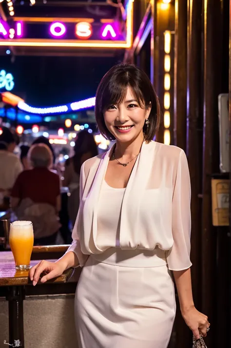 (Top quality, 8k, 32k, masterpiece), professional lighting, Japanese mature woman with heavy makeup, large chest,street fashion, 1 person, beautiful aunt, 45years old,smile,at the night bar