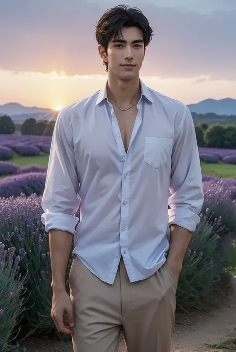 uhd, a vast field of lavender stretches to the horizon, the purple blooms glowing in the soft light of dusk. a tall, handsome ma...