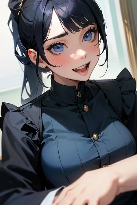 (Highest Resolution, Clear_image) Best Quality, single, One Woman, Alone, masterpiece, Very detailed, Somewhat realistic, Black Hairのショートヘア, Black Hair, bangs, 1, Mature, light blue Uniform, Uniform, Indoor Background, kind, Authoritative, Powerful, Exquis...