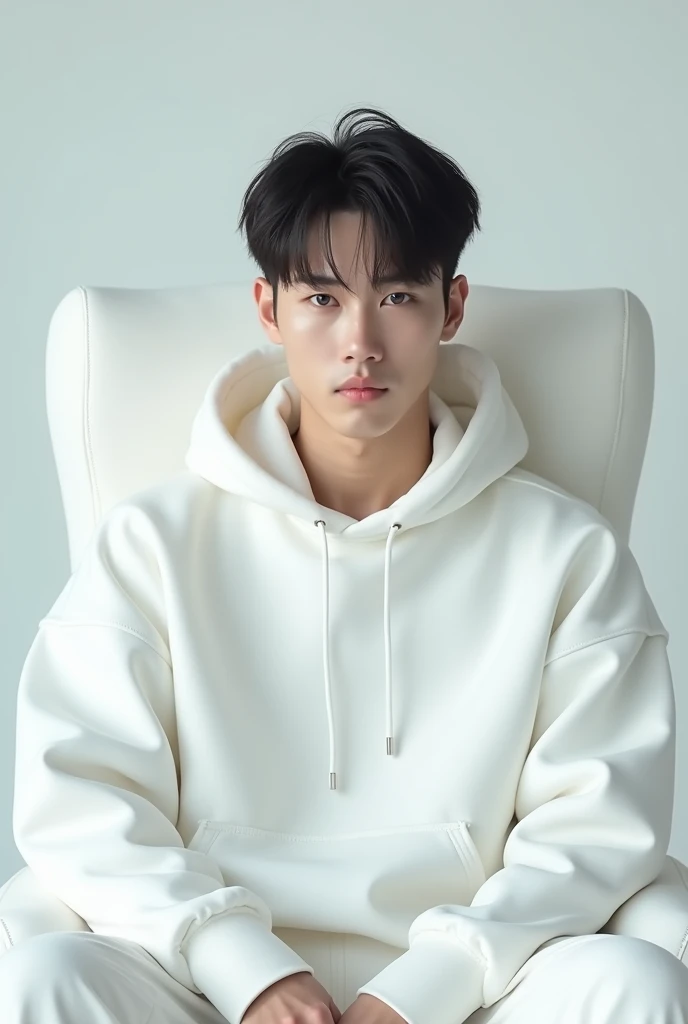 Korean men handsome face, all white attire, hoodie , white throne , beautiful eyes 