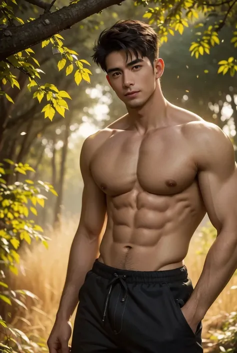 UHD, A narrow dirt path winds through a forest filled with the colors of autumn. Standing along the path is a ruggedly handsome man with broad shoulders and a muscular frame. His flannel shirt is open, revealing his well-defined abs as he leans casually ag...