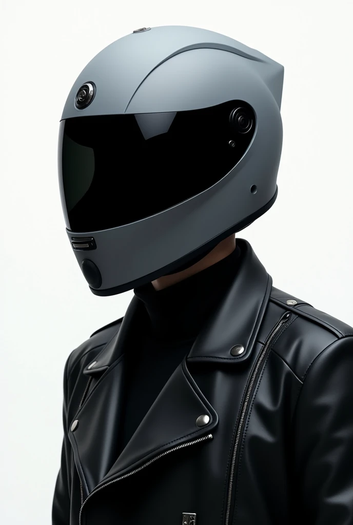 "Create a realistic image featuring a person wearing a modern, full face motorcycle helmet with a sharp aerodynamic design. The helmet should be matte grey with a tinted black visor, showing no facial features. The person is dressed in a black leather jack...