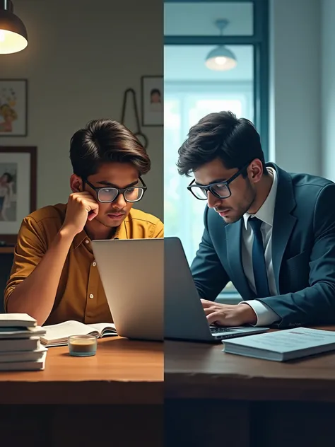 A split-screen showing a indian student studying and a professional working, both at computers.