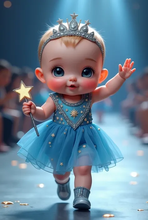 Create a scene with adorable, chubby, realistic babies wearing fashionable clothes inspired by space., Wearing a tiara, She is holding a cute star wand in one hand., Wearing a stylish blue space-like couture dress、Walking confidently down the runway, wavin...