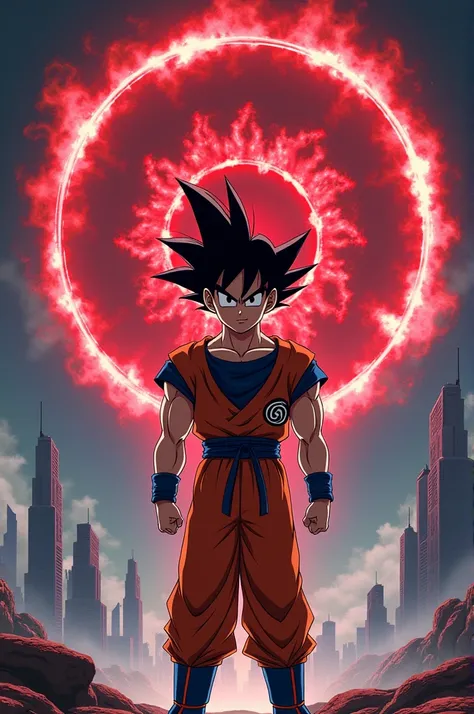 Anime style sharingan with Goku standing with building background 