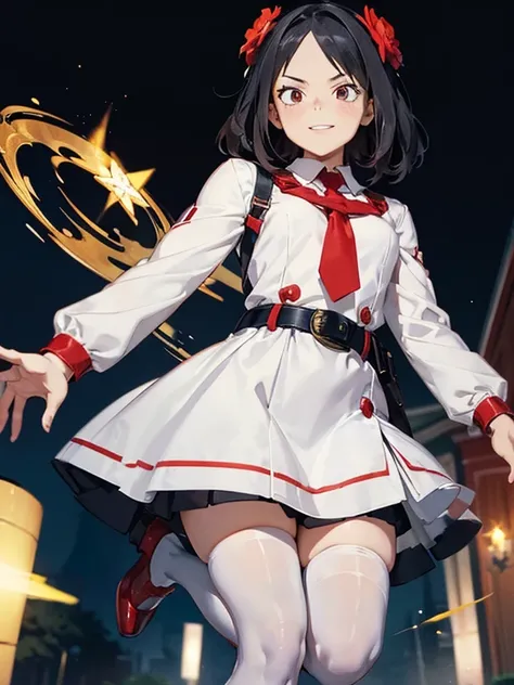 Screenshot of My Hero Academia, a little red-eyed girl with a golden star in her pupils, short straight black hair, cheerful expression, wears a white long-sleeved dress, has a red flower-shaped belt, white stockings, and red strap shoes. background of a p...