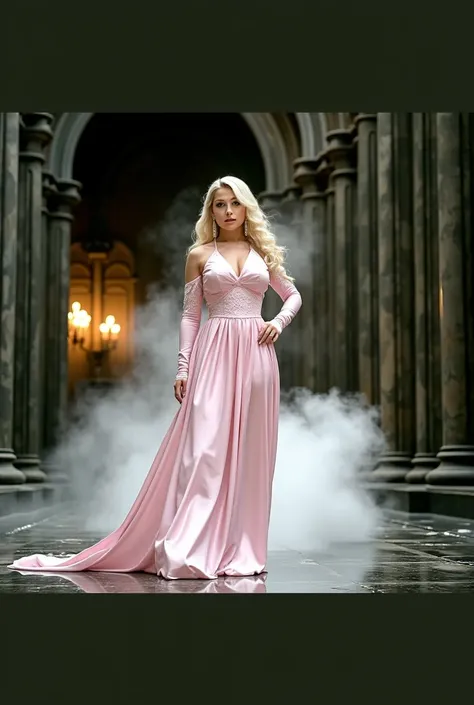 A muscular blonde female bodybuilder with large breast implants, wearing a long pink satin long sleeved prom dress, platform high heels, in a gothic cathedral background, (best quality,4K,8k,highres,masterpiece:1.2),ultra-detailed,(realistic,photorealistic...