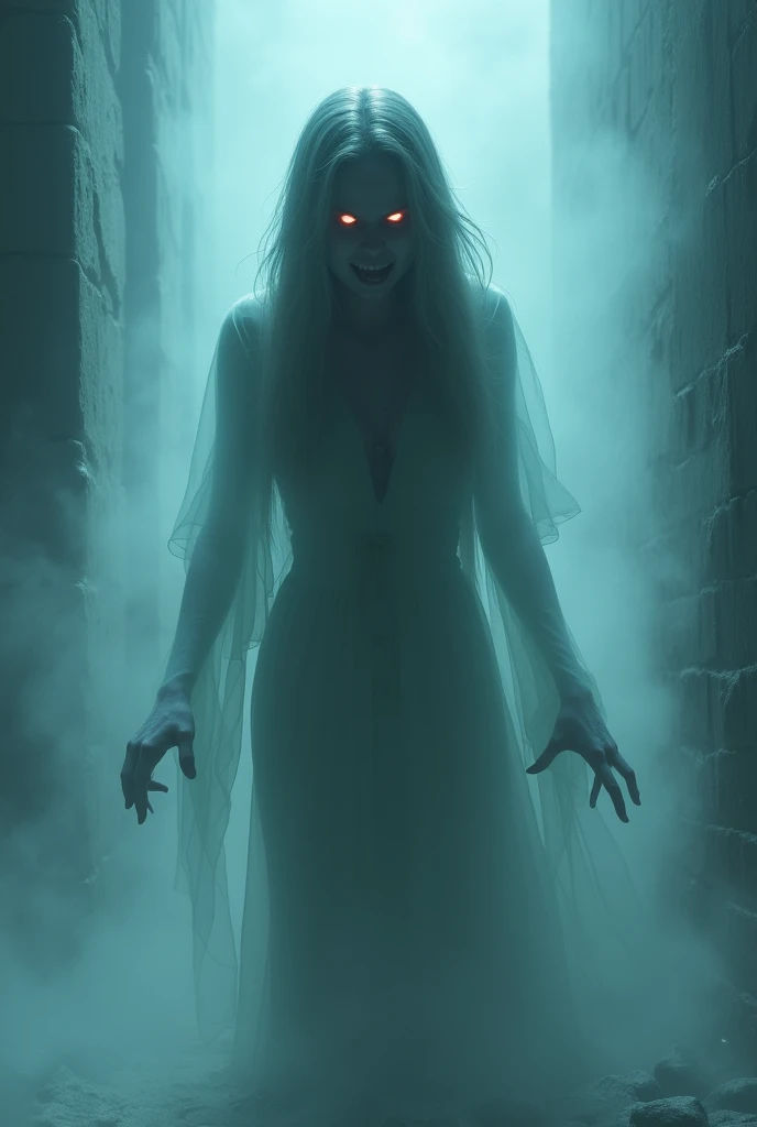 6. **Ghostly Apparition of Sariita**  
   **Prompt:** "A ghostly apparition of a woman with a sorrowful and angry expression. She appears translucent and ethereal, surrounded by a misty, cold atmosphere. Her eyes are glowing with an eerie light, and she se...