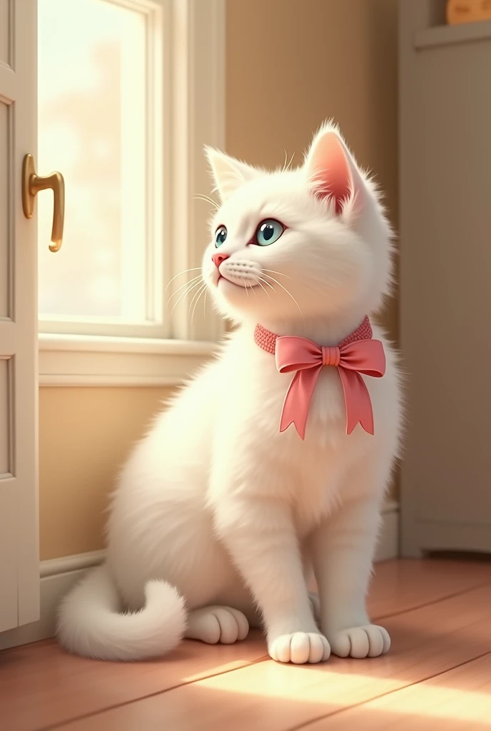 A white cat wearing pink ribbons around its neck stares at the wall, the wall is beige in color, it is morning and a little sunlight enters the room 