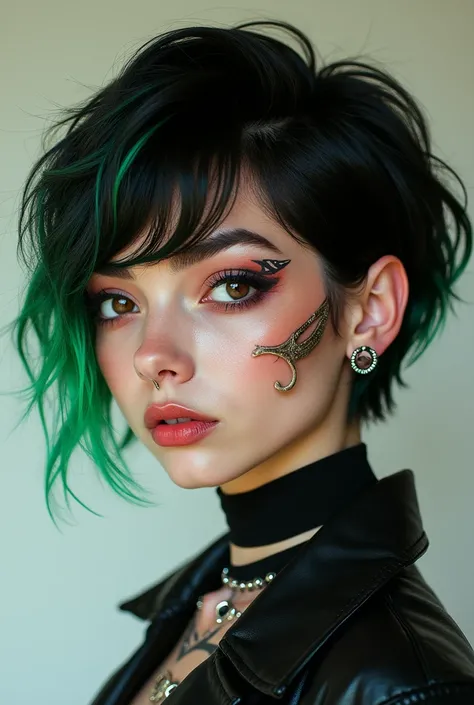 Women, with short hair and short black bangs, with electric green highlights. The round face with thin eyebrows, almond-shaped and brown eyes, aquiline nose, big lips. Facial piercings are: septum, medusa, doble nostril, and expansions in both earlobes 