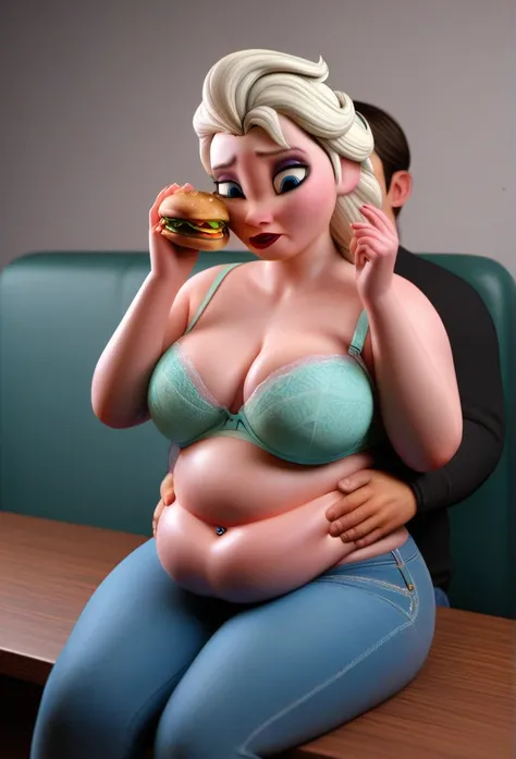 (( 3D, a slim and short Feeder Man,a Feeder Man pinching elsas cheeks,A Man pinching and  touching Elsas Belly )) , Pale skin, jeans_pull,Tall ,slim faced Surprised Feedee Elsa, fed by a man, gained weight,  elsa hands resting on belly, wide eyes,Sitting a...