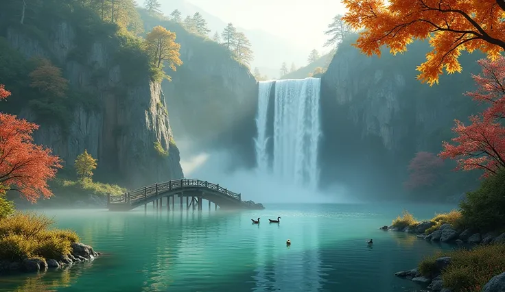 A swift waterfall flows between two tall cliffs, scattered with yellow and red maple leaves along the banks. In the middle of the emerald green lake, a quaint old wooden bridge crosses over, with ducks swimming below. The scene is enveloped in morning mist...