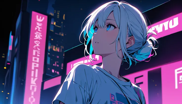 HD 8k Handsome sexy-cute, Solitary, 1 HD-8k Human focus female, looking away Medium Length Hair, white hair, Rainbow hair, hair bun ,blue Eyes, Big white t-shirt, background is  CD jackets, Night Tokyo,