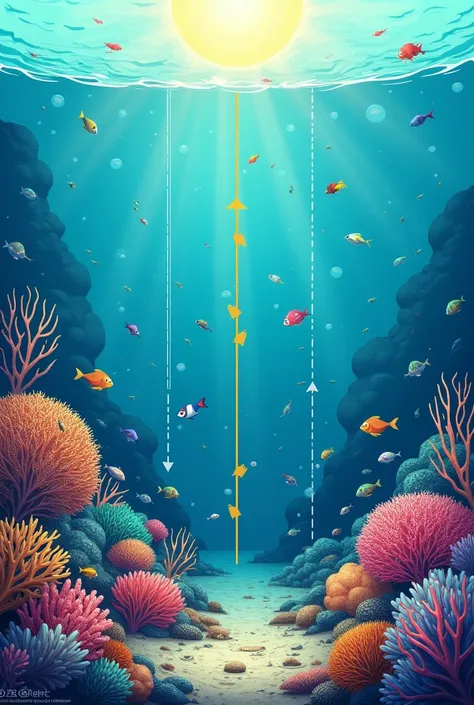 Absolutely! Let’s go through the process of drawing a coral reef ecosystem with detailed explanations, especially focusing on how to use arrows effectively.

### Step-by-Step Drawing Guide:

#### 1. Draw the Water Surface
   - **Position**: Near the top of...