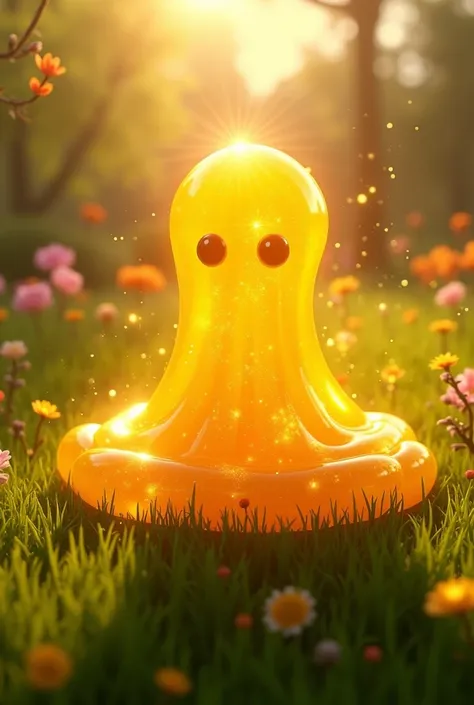 Slime has striking colors in shades of golden yellow or light orange. This slime has a luminescence that resembles sunlight and the sparkles from the sun. Its surface is translucent and has a reflective sparkle. It has a pattern that resembles the sun&#39;...