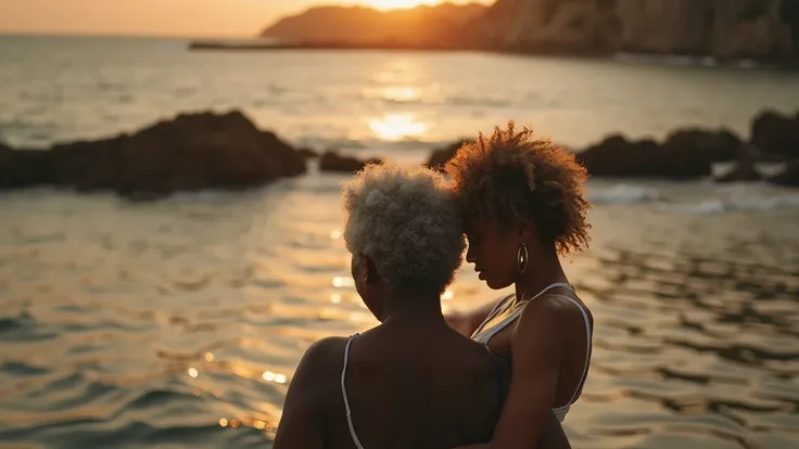 elderly woman:(60 years old, obese, black and dark skin, grey afro hair), carrying a teen white girls thighs her on elderly womans front facing shoulder, white girl:(white skinned young woman, with light white skin, blonde hair long, slim body), elderly wo...