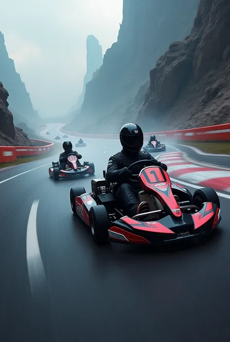 Gokart racing in track driving with black theme in landscape 
