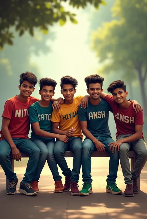 6 best friend sitting on school bench   first boy name as nitin second one satyam third one ansh fourth one sanskar fifth has ansh boys has Gangster look boys shirt name NITIN, SATYAM, ANSH