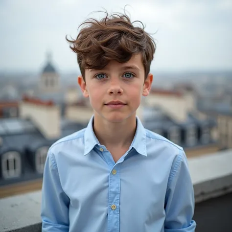 closeup photo: A 2 Italian boy with blue eyes, wearing a smart-casual ensemble—a light blue button-up shirt, rolled-up sleeves, and slim-fit chinos, Parisian rooftop, simple pic, no makeup, messy hairs, 