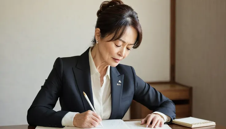 A beautiful 50-year-old woman in a suit tilts her head to the left、Writing notes on paper