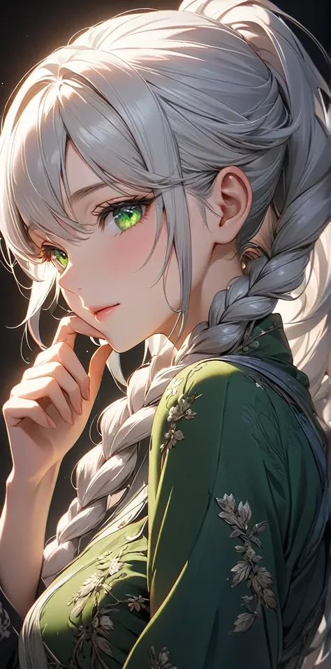 Ultra high resolution, rich colors, perfect image, best quality, detailed image, beautiful single woman, glowing skin, skin and clothing texture, delicate eyes, kissing face,  silver hair braided in one ponytail, green eyes