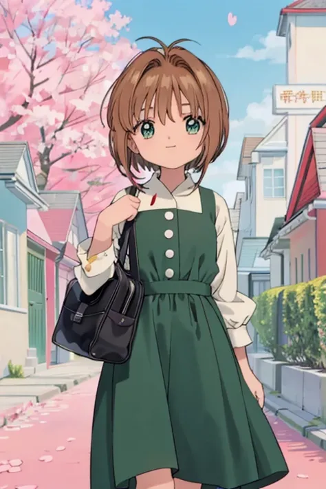 High resolution,masterpiece,Best Quality,beautiful background,anime, cute,The girl is . ,A tree-lined street with cherry blossoms falling,Flat Chest,A checkered lady-like dress,Chestnut Hair,Short Bob Hair,黒のcuteパンプス,Green Eyes,Walking,smile