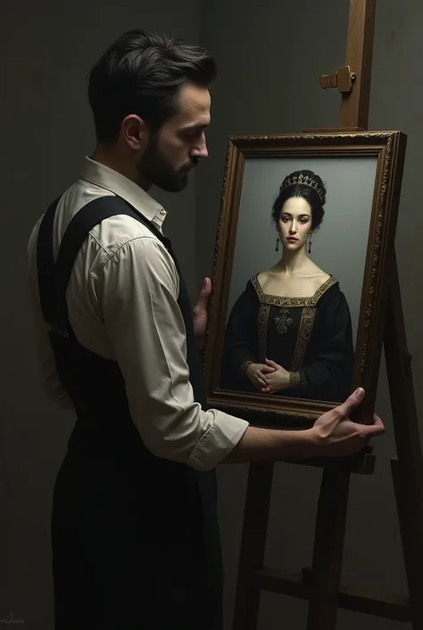 An sad artist holding a painting of queen 