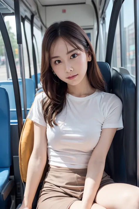 raw, best quality, high resolution, masterpiece: 1.3), beautiful woman, sitting on 25years old man lap on a bus among men, crowd...