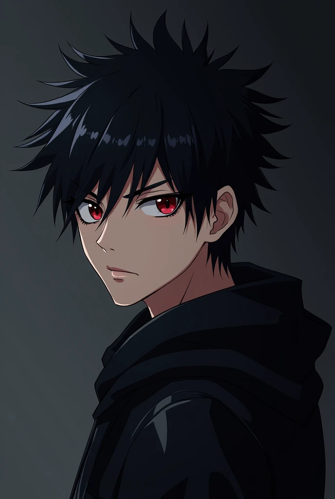 Anime boy ((( Spiky hair , black hair , black hoodie , red eyes , narrowed eye , handsome , dark background , matured ))) , chibi