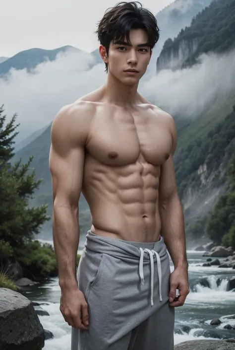 UHD, A peaceful valley nestled between mist-covered mountains, where a lean, shirtless man with a toned physique stands by the river. His powerful build contrasts with the gentle mist, and his dark hair is tousled by the cool mountain breeze. His intense g...