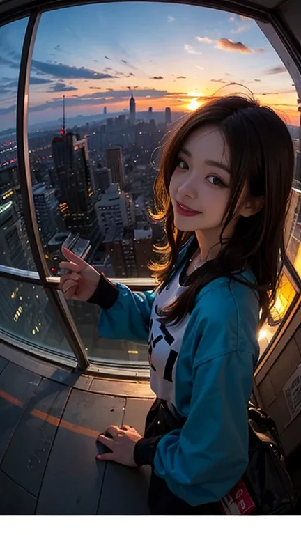 One person, Korean, Fisheye Lens, Selfie, wind, Messy Hair, sunset, Cityscape, (Aesthetics and atmosphere:1.2),smile