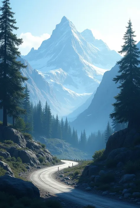 Landscape in cool tones with road in the mountains, pine trees 