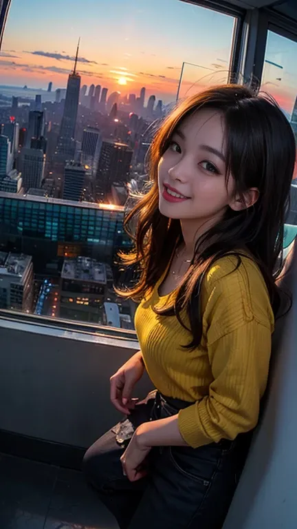 One person, Korean, Fisheye Lens, Selfie, wind, Messy Hair, sunset, Cityscape, (Aesthetics and atmosphere:1.2),smile