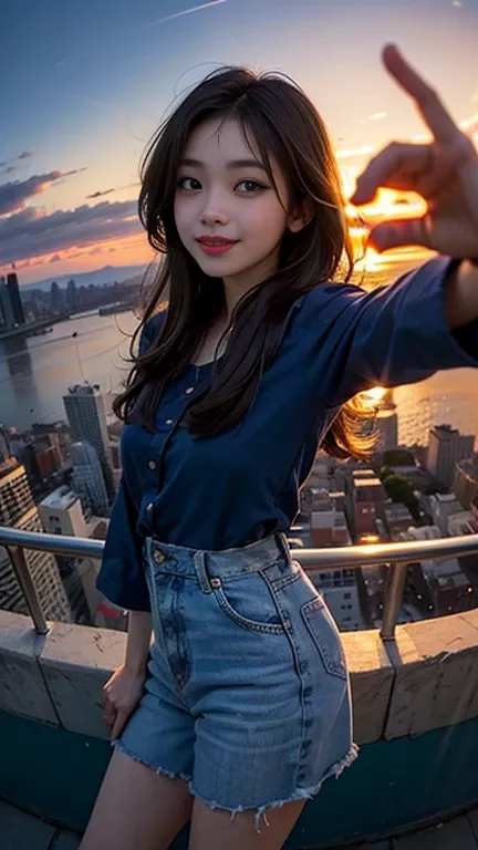 One person, Korean, Fisheye Lens, Selfie, wind, Messy Hair, sunset, Cityscape, (Aesthetics and atmosphere:1.2),smile