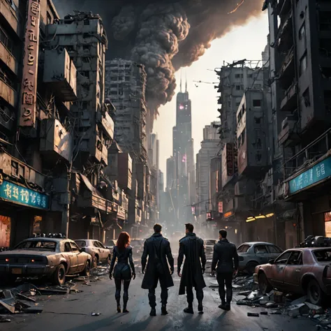 The film remains futuristic and cyberpunk., Destroyed city after nuclear explosion、Vignette, Very detailed, High budget, Bokeh, CinemaScope, Sulky, amazing, Luxurious, Film Grain, granular, High-quality photos, 3-point lighting, the avengers
