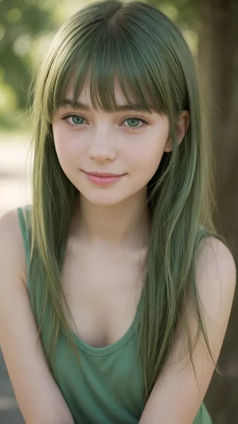 a girl. european. shy. extremely detailed face. oval face. delicate features. half-closed eyes. green eyes. long, straight, very thick hair. bangs. green hair. rosy cheeks. tank top. gentle smile. 2/4 portrait