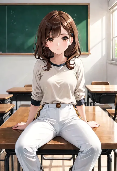 40-year-old Woman Brown hair White velvet pants Classroom Sitting on a table View from the front