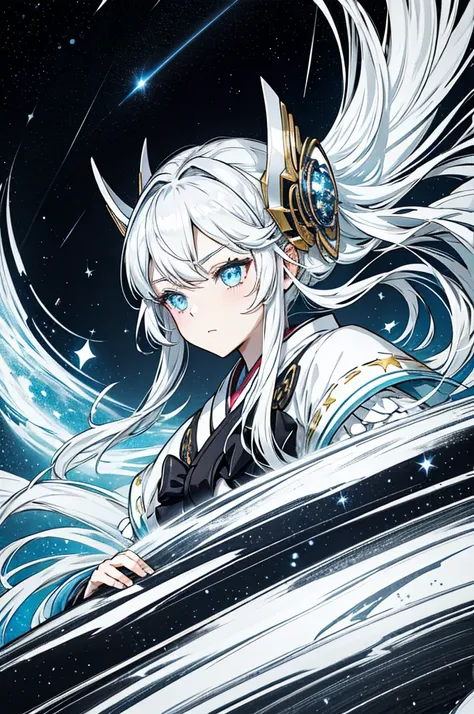 The Strongest Silver-Haired Girl　ephemeral　Mysterious　Best Quality　Starry Sky　Sparkle　emphasize　mysterious　kimono　Twin tails　front　Face close-up　aura　magic　battle　Battle　Eye details　gentle　Solemn　Hand details　flash　Confused eyes　Expressionless